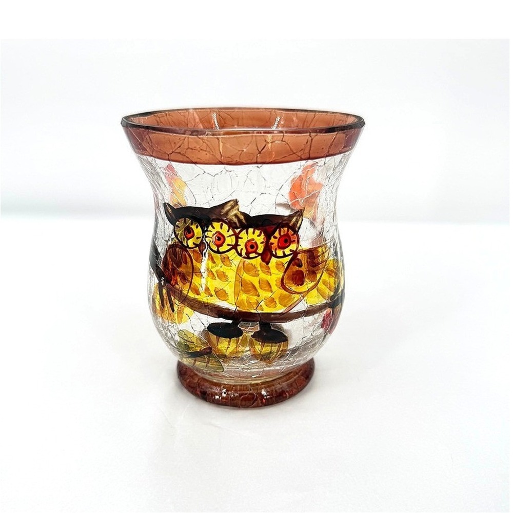 Candle Holder Glass Jar Owls Leaves Crackle Glass Whimsical Nature Decor